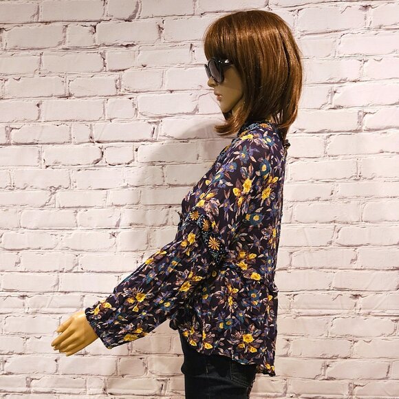 ANTHROPOLOGIE - Meadow Rue Strasser Boho navy blue floral embroidered blouse - Picture 6 of 11
